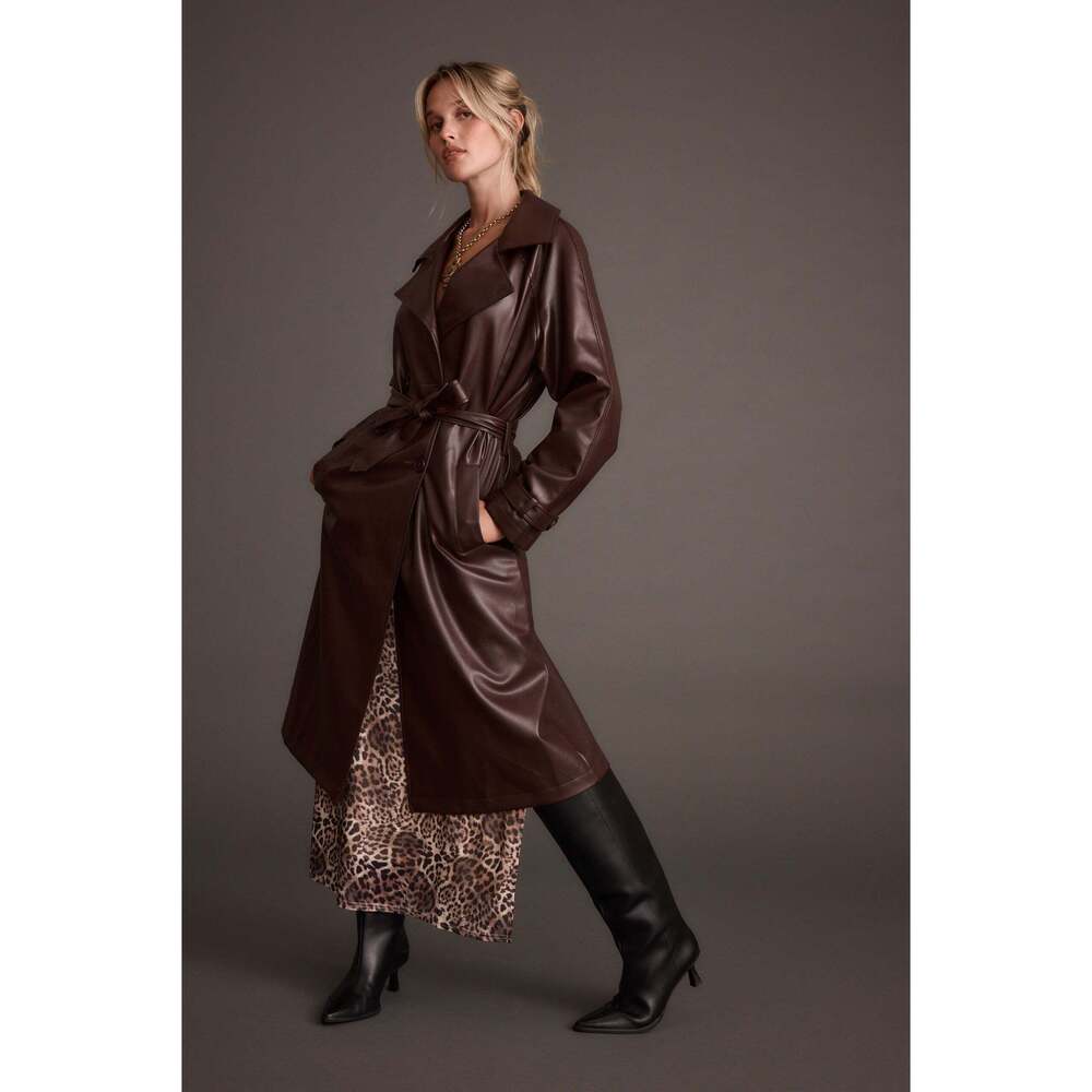 12th Tribe Brynne Faux Leather Mahogany Brown Trench Size XL